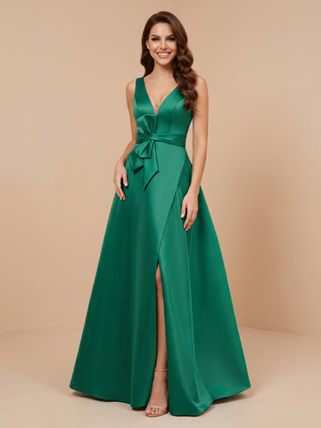 V Neck Satin A Line Sleeveless Wedding Guest Dresses with Slit