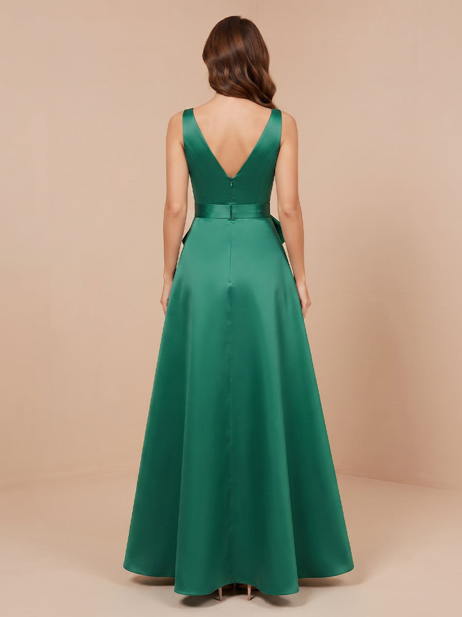 V Neck Satin A Line Sleeveless Wedding Guest Dresses with Slit