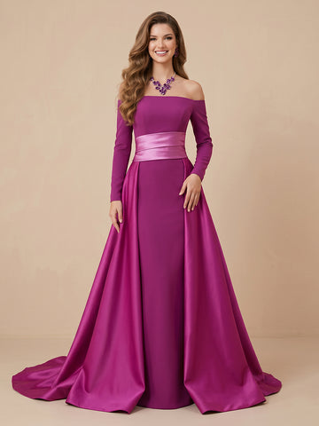 Satin Sheath Off the Shoulder Long Sleeves Evening Dresses