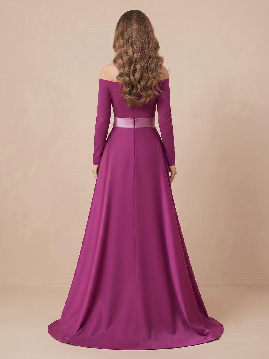 Satin Sheath Off the Shoulder Long Sleeves Evening Dresses