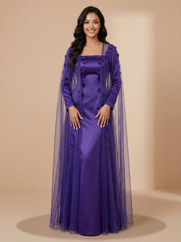 Square Neck Satin Sheath Long Sleeves Evening Dresses