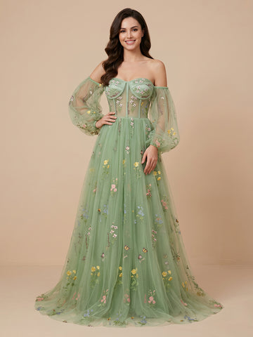A Line Strapless Half Sleeves Long Evening Dresses
