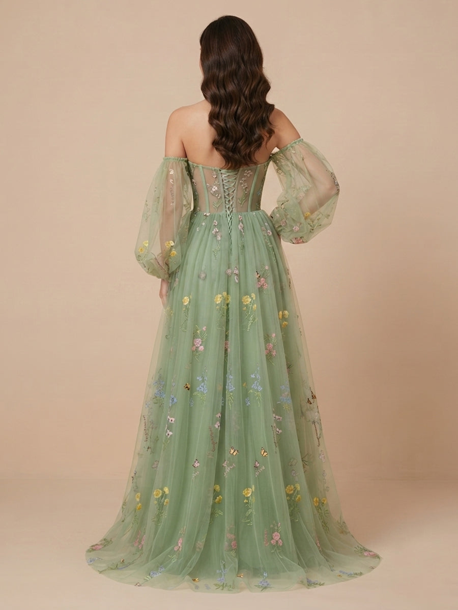 A Line Strapless Half Sleeves Long Evening Dresses