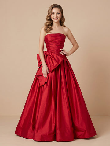 A Line Strapless Pleated Satin Sleeveless Long Evening Dresses