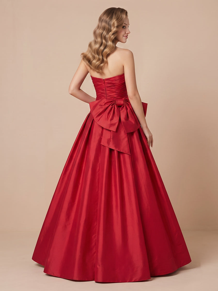 A Line Strapless Pleated Satin Sleeveless Long Evening Dresses