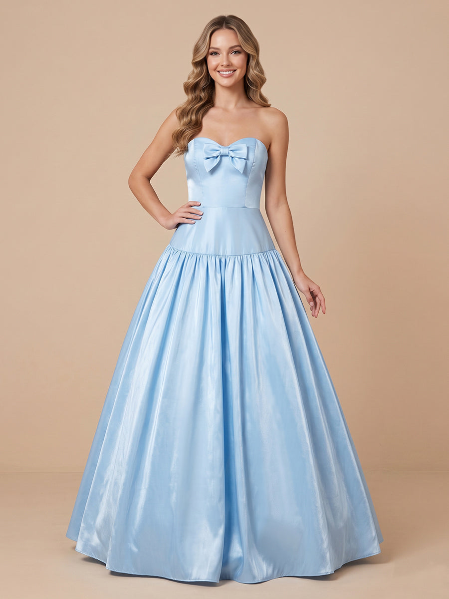 A Line Strapless Satin Sleeveless Long Wedding Guest Dresses with Bow