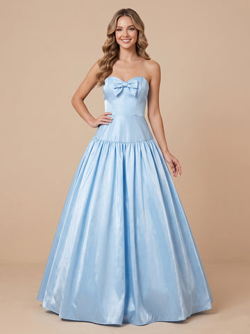 A Line Strapless Satin Sleeveless Long Wedding Guest Dresses with Bow