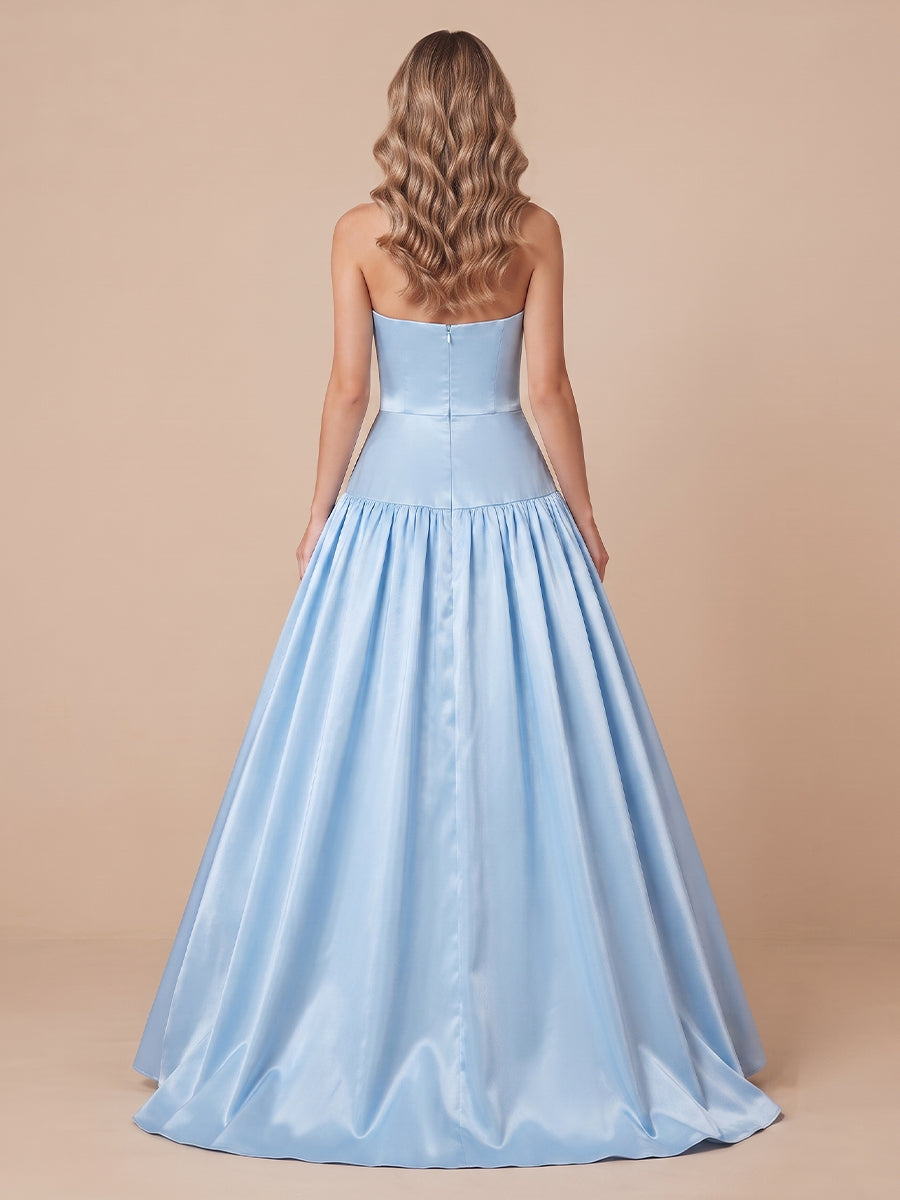 A Line Strapless Satin Sleeveless Long Wedding Guest Dresses with Bow
