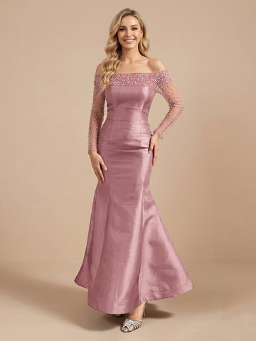 Mermaid Off Shoulder Satin Long Sleeves Wedding Guest Dresses with Pearls