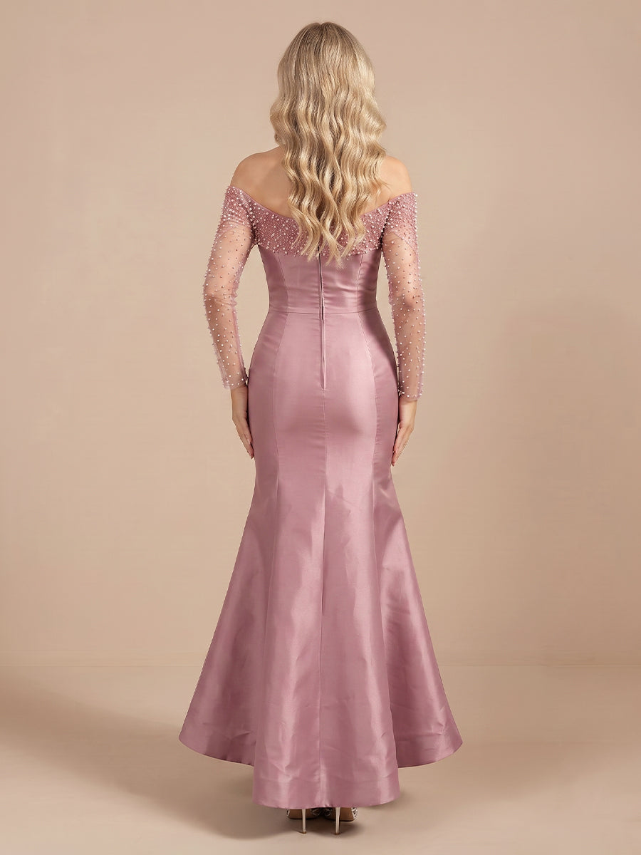 Mermaid Off Shoulder Satin Long Sleeves Wedding Guest Dresses with Pearls