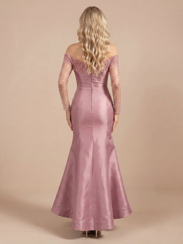Mermaid Off Shoulder Satin Long Sleeves Wedding Guest Dresses with Pearls