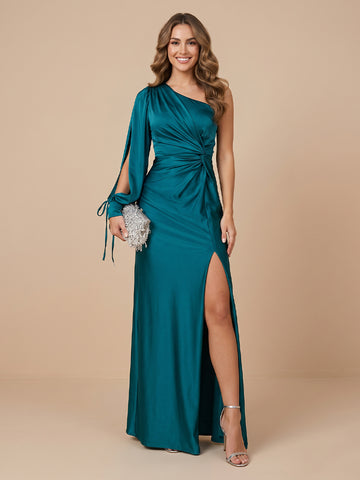 A Line One Shoulder Satin Long Sleeves Wedding Guest Dresses with Slit