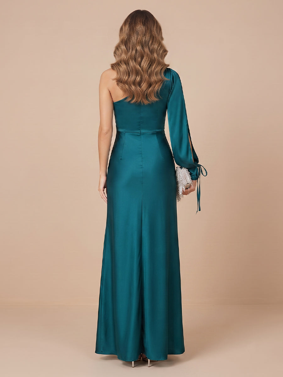 A Line One Shoulder Satin Long Sleeves Wedding Guest Dresses with Slit