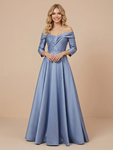 Satin A Line Off Shoulder 3/4 Sleeves Long Evening Dresses