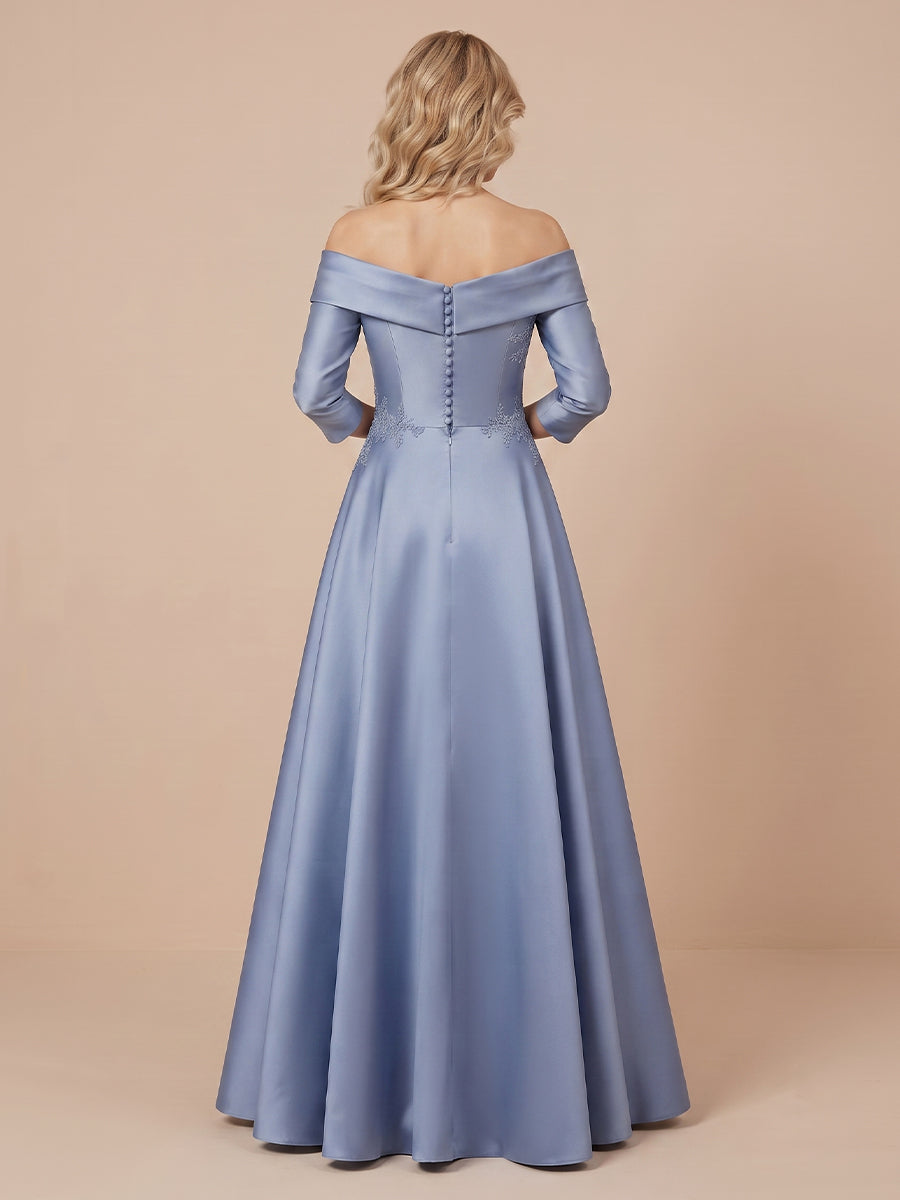 Satin A Line Off Shoulder 3/4 Sleeves Long Evening Dresses