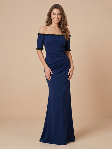 Satin Mermaid Off Shoulder Half Sleeves Long Wedding Guest Dresses