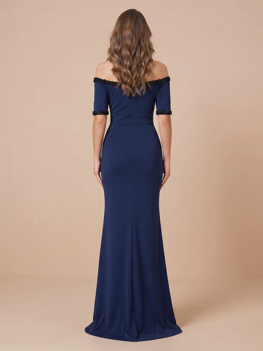 Satin Mermaid Off Shoulder Half Sleeves Long Wedding Guest Dresses