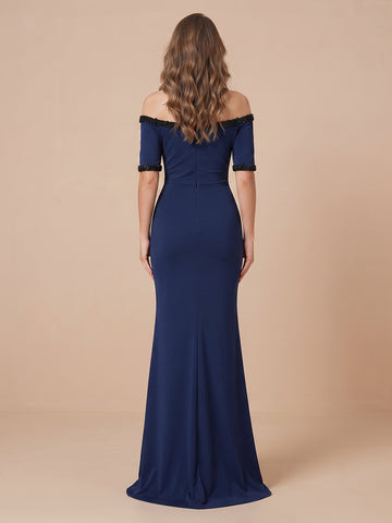 Satin Mermaid Off Shoulder Half Sleeves Long Wedding Guest Dresses