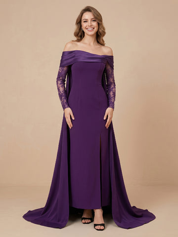 Satin A Line Strapless Off Shoulder 3/4 Sleeves Long Evening Dresses
