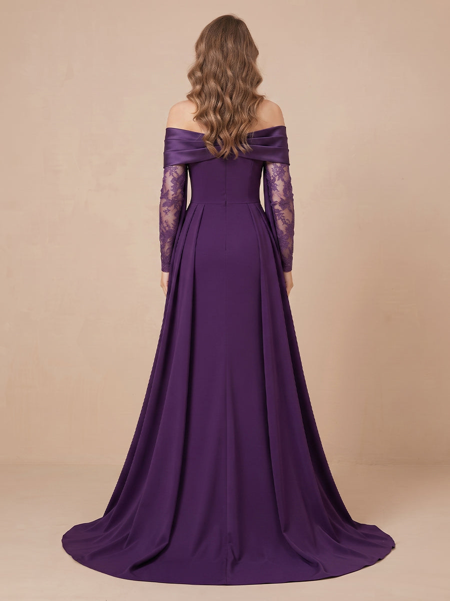 Satin A Line Strapless Off Shoulder 3/4 Sleeves Long Evening Dresses