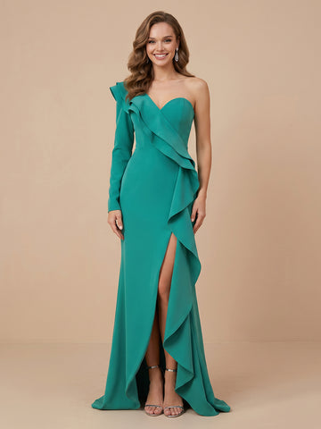 Satin Mermaid One Shoulder Long Sleeves Long Evening Dresses