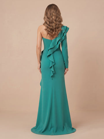 Satin Mermaid One Shoulder Long Sleeves Long Evening Dresses