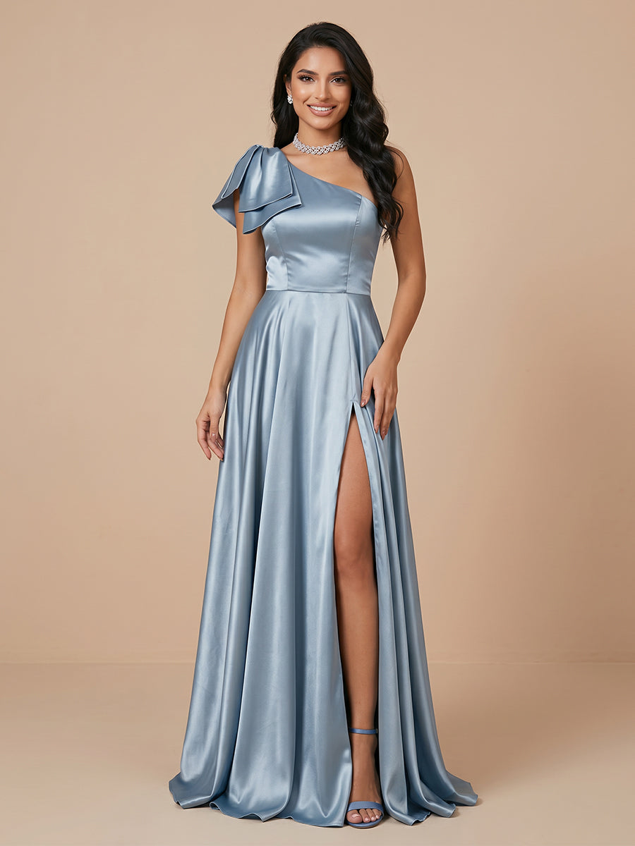 Satin A Line One Shoulder Strapless Long Wedding Guest Dresses with Slit