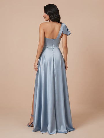 Satin A Line One Shoulder Strapless Long Wedding Guest Dresses with Slit