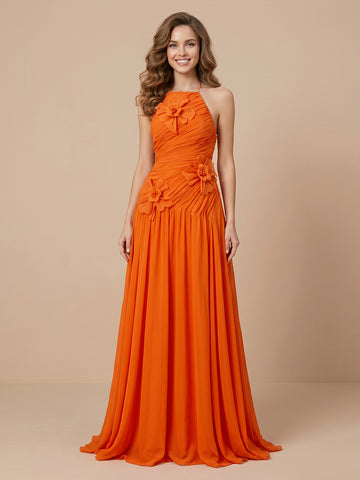 A Line Chiffon Spaghetti Straps Sleeveless Wedding Guest Dresses with Pleated