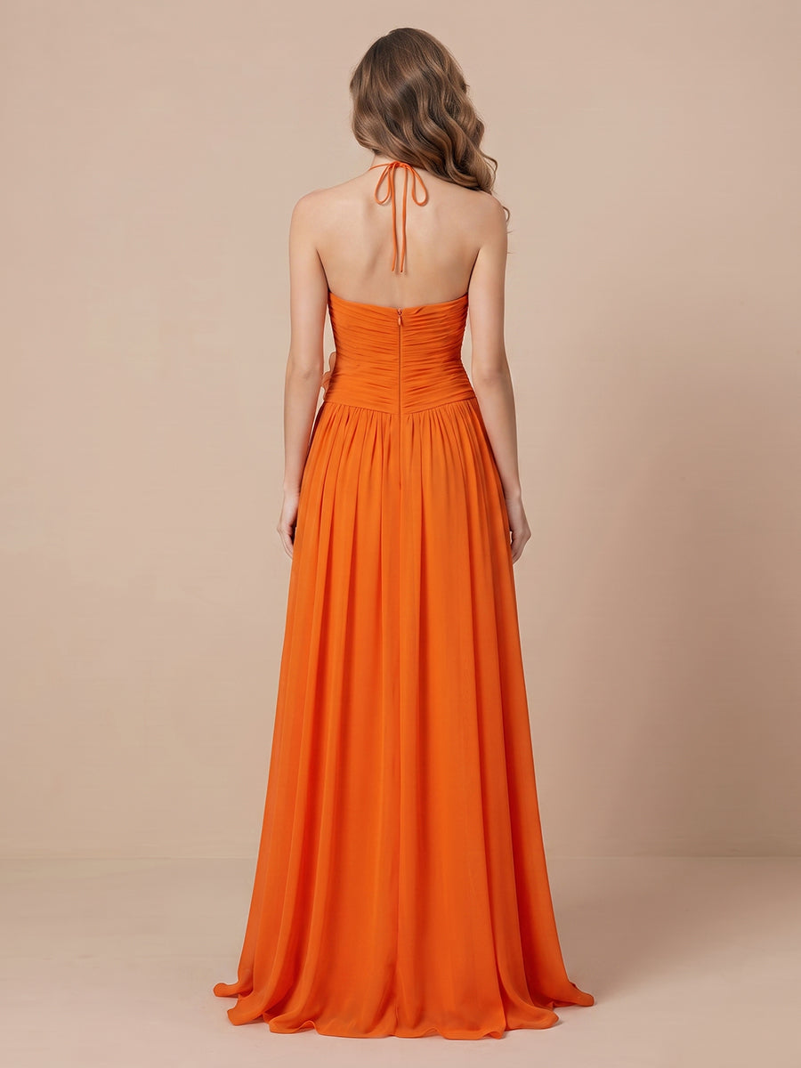 A Line Chiffon Spaghetti Straps Sleeveless Wedding Guest Dresses with Pleated