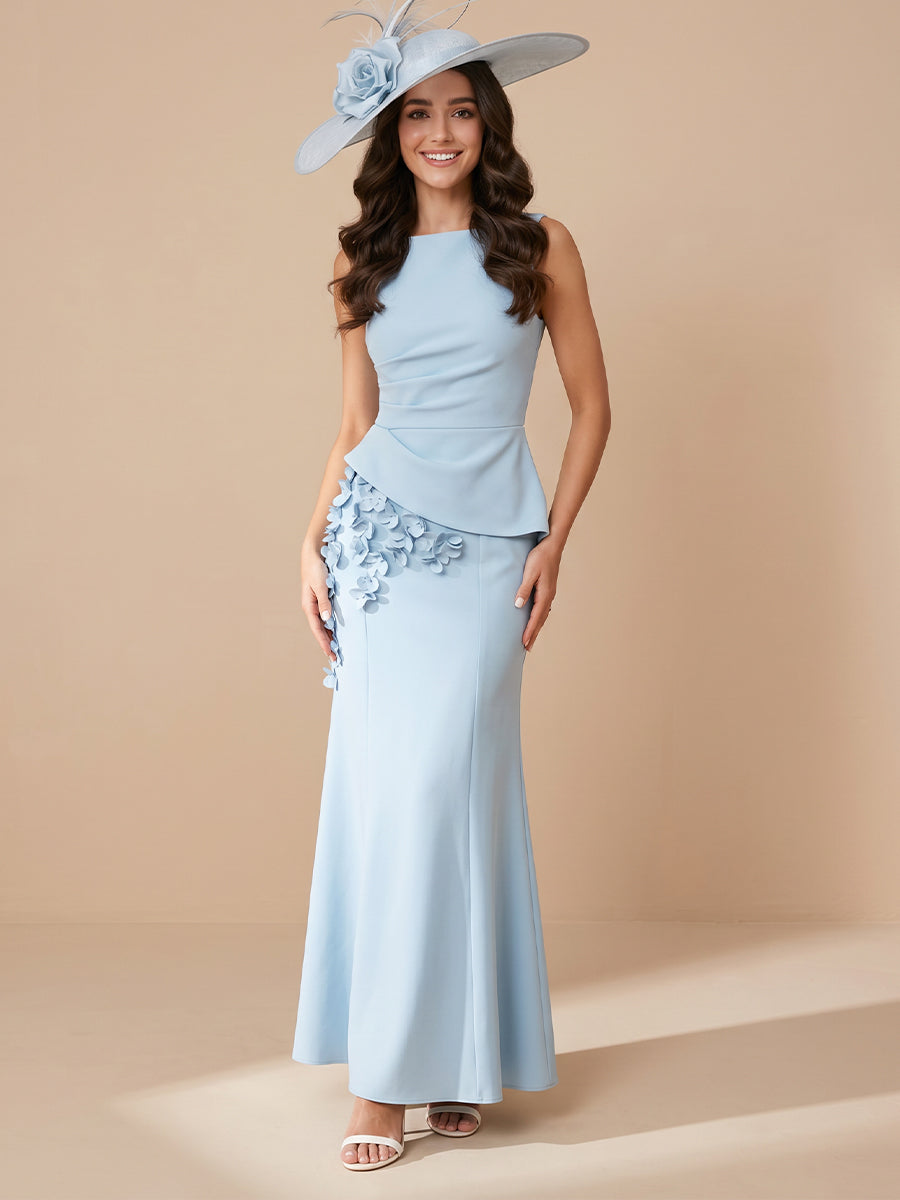 Mermaid Jewel Satin Sleeveless Wedding Guest Dresses with Flower