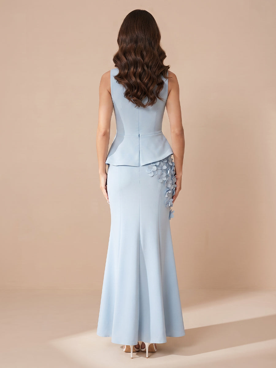 Mermaid Jewel Satin Sleeveless Wedding Guest Dresses with Flower