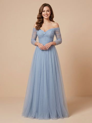 A Line Off the Shoulder Tulle Long Sleeves Wedding Guest Dresses