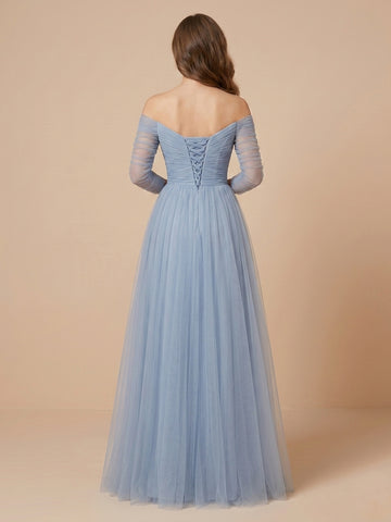 A Line Off the Shoulder Tulle Long Sleeves Wedding Guest Dresses