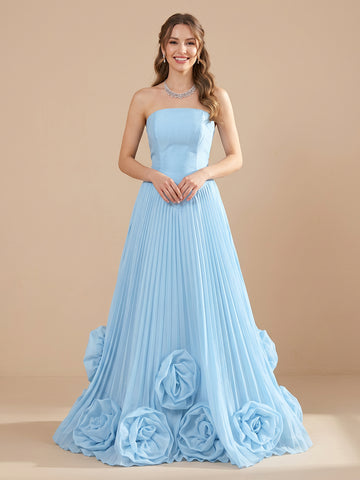 Strapless Chiffon A Line Sleeveless Corset Evening Dresses with Pleated