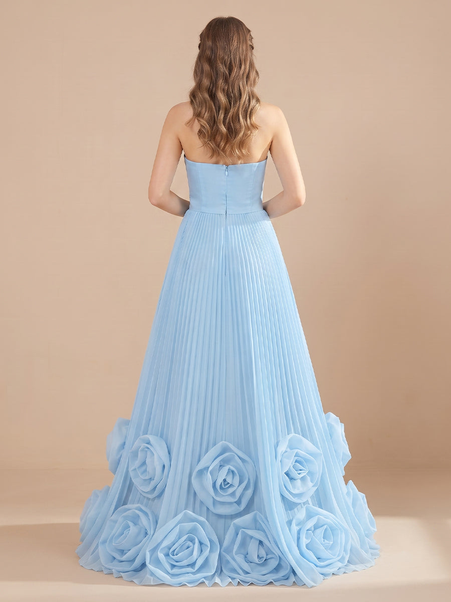 Strapless Chiffon A Line Sleeveless Corset Evening Dresses with Pleated