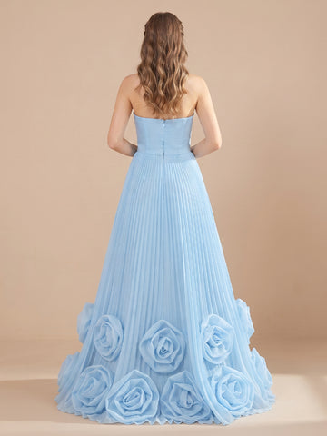 Strapless Chiffon A Line Sleeveless Corset Evening Dresses with Pleated