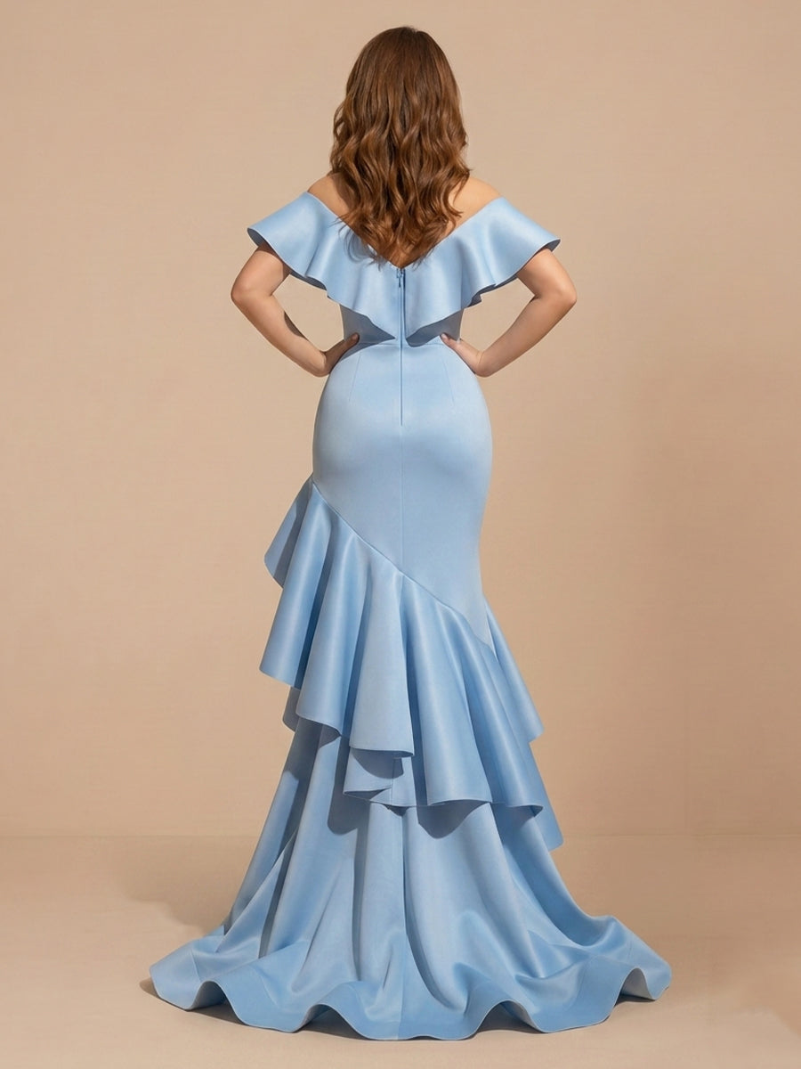 Mermaid Satin Off the Shoulder Sleeveless Ruffles Evening Dresses