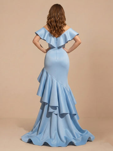 Mermaid Satin Off the Shoulder Sleeveless Ruffles Evening Dresses