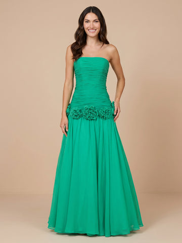Chiffon A Line Strapless Sleeveless Evening Dresses with Flower