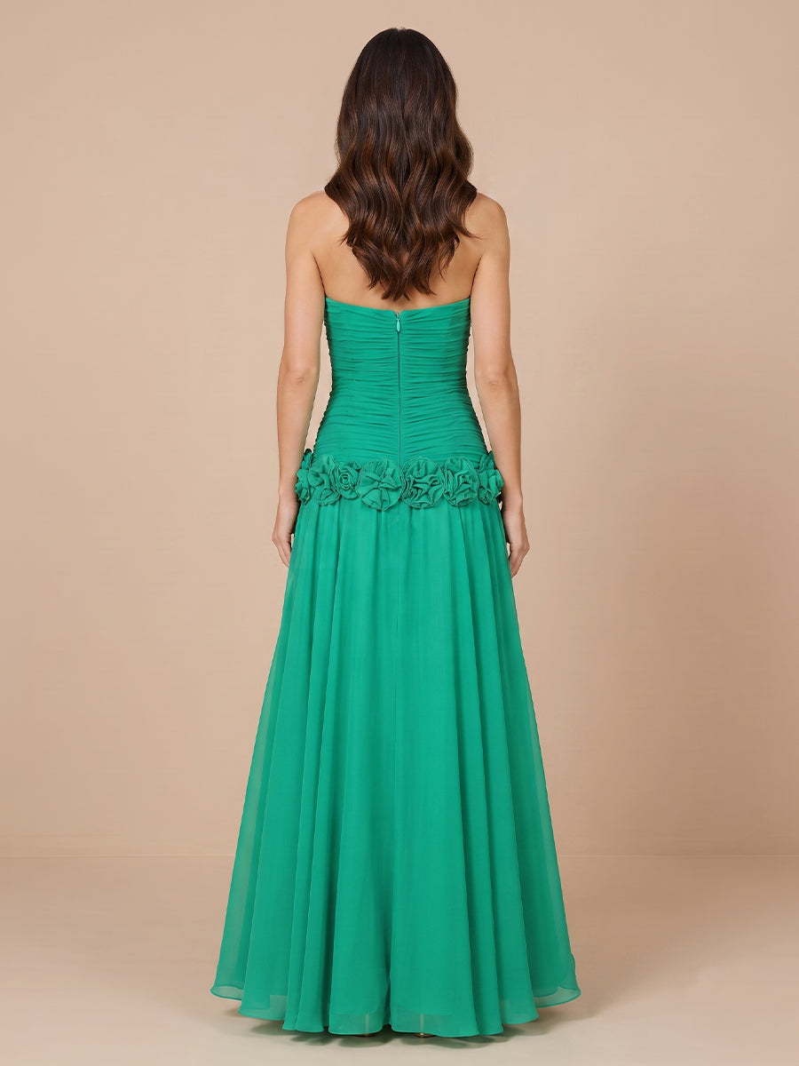 Chiffon A Line Strapless Sleeveless Evening Dresses with Flower
