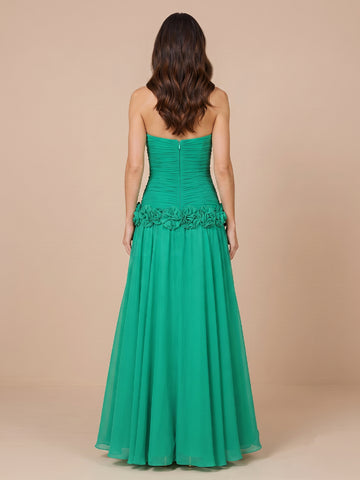 Chiffon A Line Strapless Sleeveless Evening Dresses with Flower