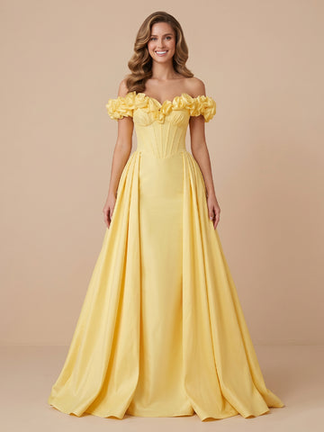 Off the Shoulder Satin A Line Sleeveless Corset Evening Dresses