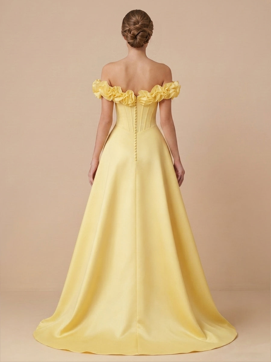 Off the Shoulder Satin A Line Sleeveless Corset Evening Dresses