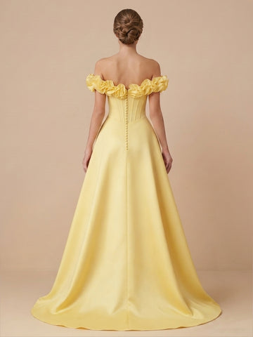 Off the Shoulder Satin A Line Sleeveless Corset Evening Dresses