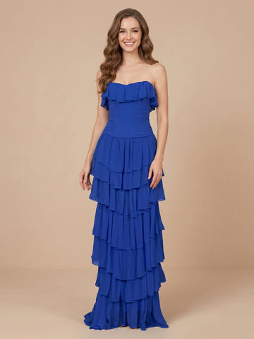 Strapless Chiffon A Line Sleeveless Tiered Wedding Guest Dresses