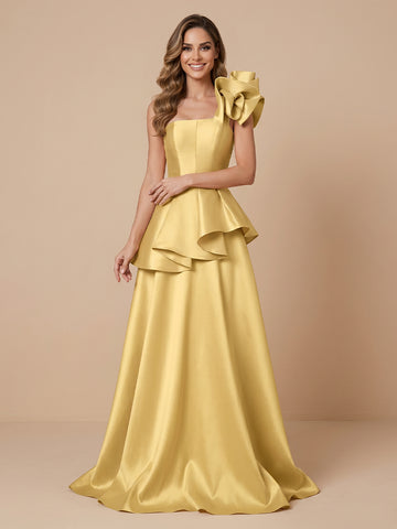 Satin A Line One Shoulder Sleeveless Corset Evening Dresses