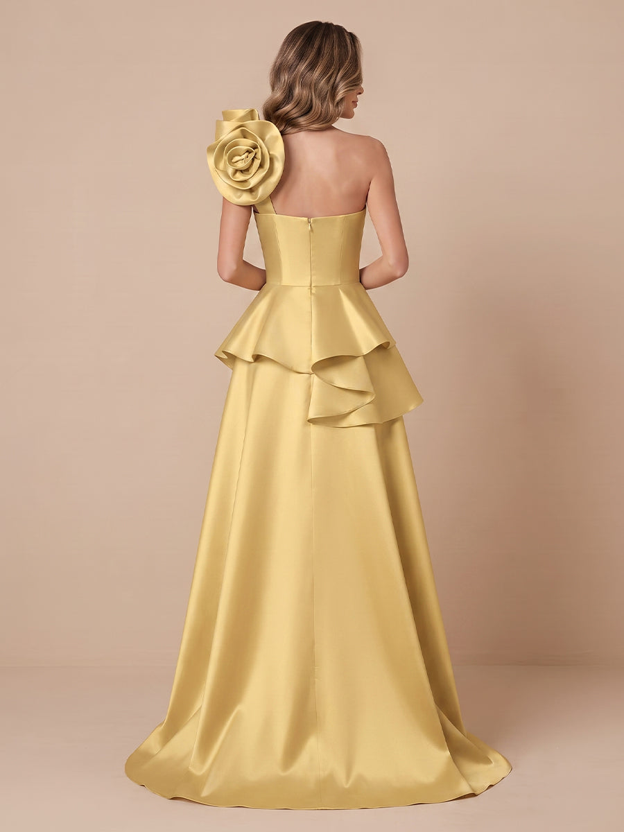 Satin A Line One Shoulder Sleeveless Corset Evening Dresses