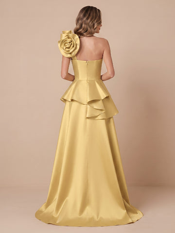 Satin A Line One Shoulder Sleeveless Corset Evening Dresses