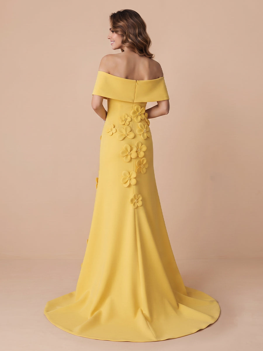 Sheath Off the Shoulder Satin Sleeveless Evening Dresses with Flower